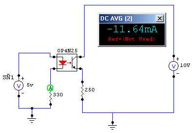 Simulación de la corriente que circula en el LED del Optoacoplador 4N25 hecha en Circuit Maker 5